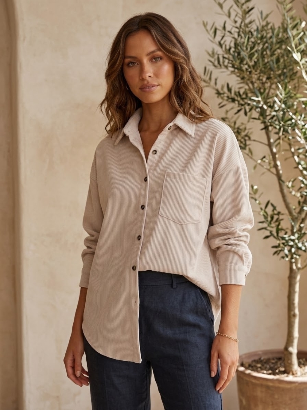 Light Beige Corduroy Button-Down Shirt